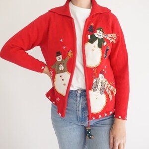 Vintage Tiara International Red Knit Embroidered Snowman Christmas Sweater PM